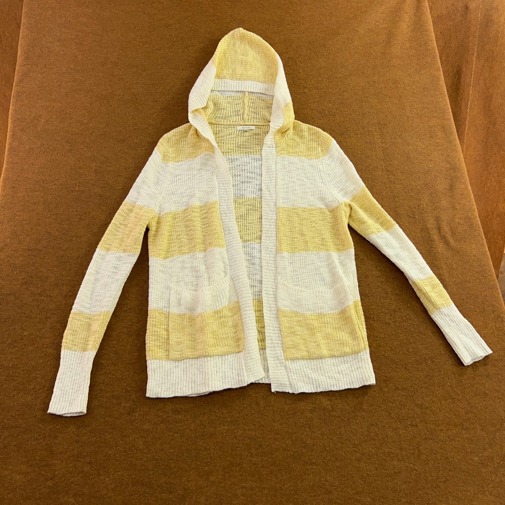 Maurices Womens Large Yellow Striped Open Knit Hooded Cardigan Sweater